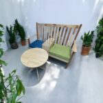 Rustic Wooden Bench with Round Coffee Table